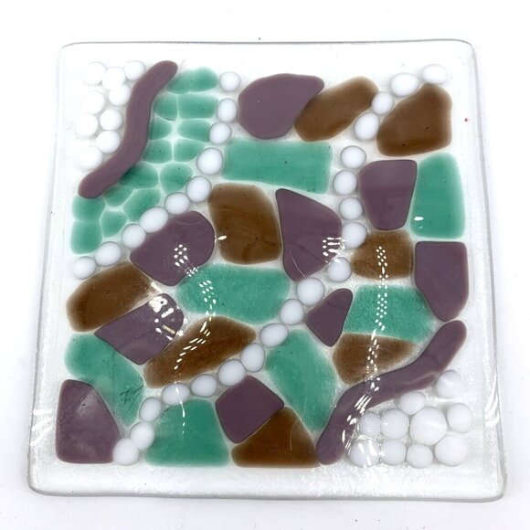 Fused Art Glass Tile Trivet Cobblestone Abstract Mosaic Patchwork 6" Square - Picture 1 of 7